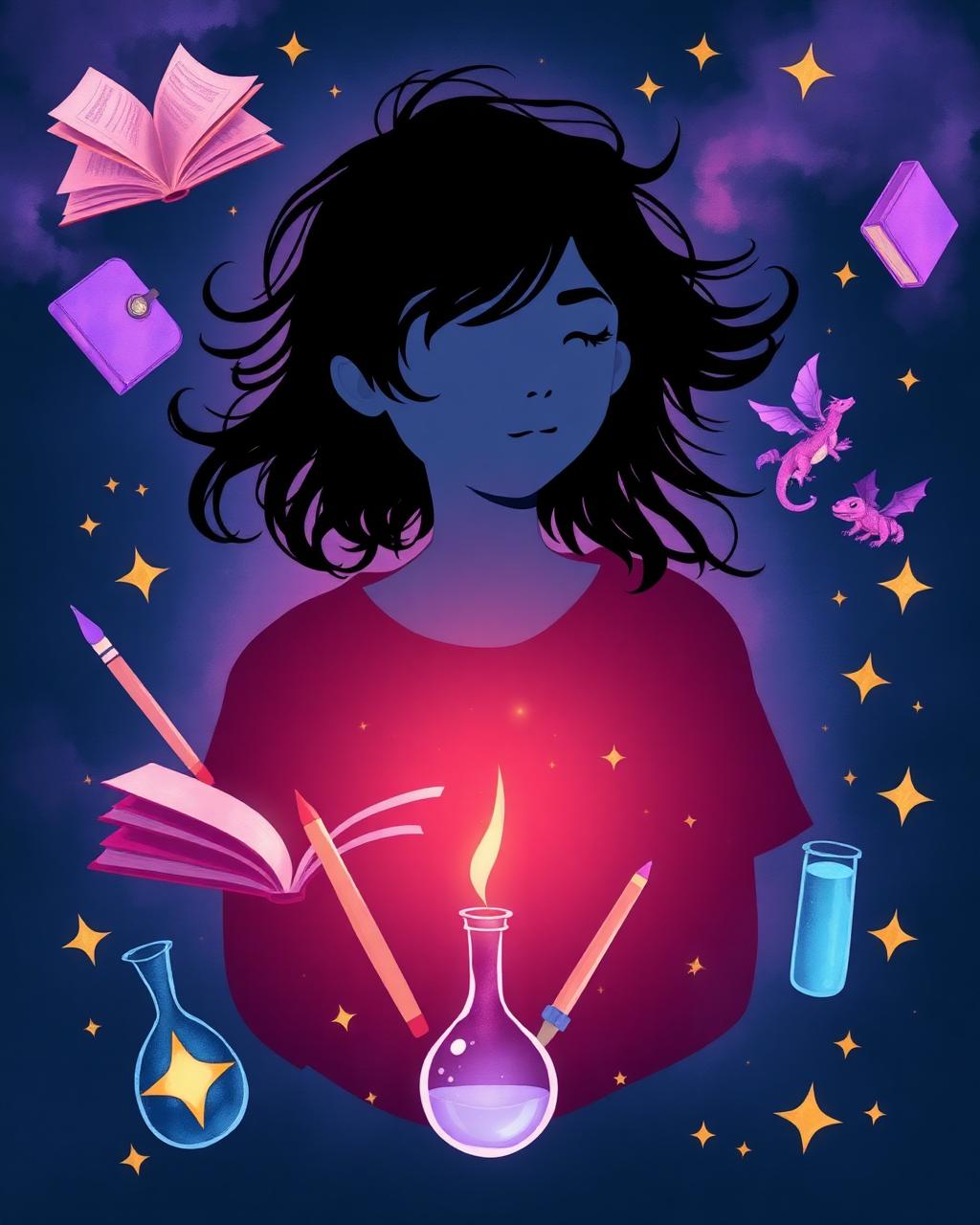 Illustrated portrait of BerryAbby surrounded by books, brushes, and a tiny dragon